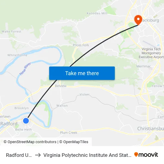 Radford University to Virginia Polytechnic Institute And State University - Hahn Lot map
