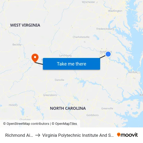 Richmond Airport (RIC) to Virginia Polytechnic Institute And State University - Hahn Lot map