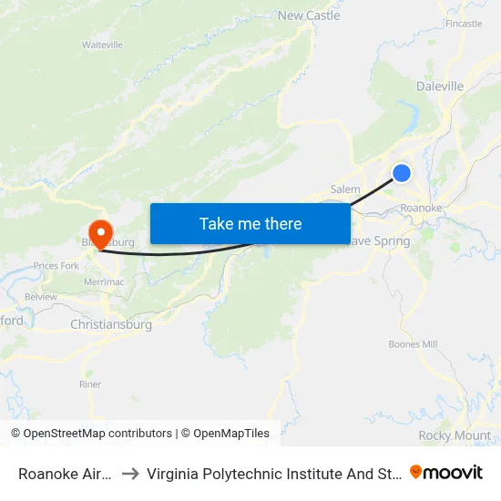 Roanoke Airport (ROA) to Virginia Polytechnic Institute And State University - Hahn Lot map