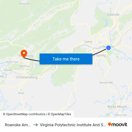 Roanoke Amtrak Station to Virginia Polytechnic Institute And State University - Hahn Lot map