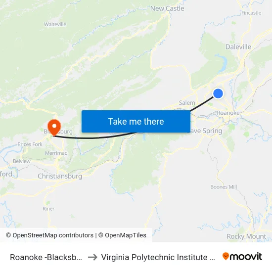 Roanoke -Blacksburg Regional Airport to Virginia Polytechnic Institute And State University - Hahn Lot map