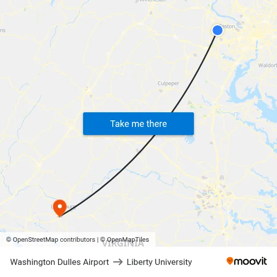 Washington Dulles Airport to Liberty University map