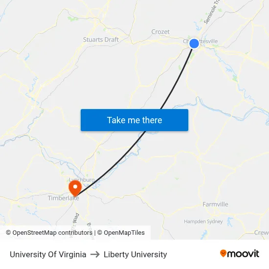 University Of Virginia to Liberty University map