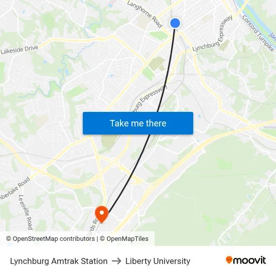 Lynchburg Amtrak Station to Liberty University map