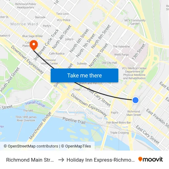 Richmond Main Street Station to Holiday Inn Express-Richmond Downtown map