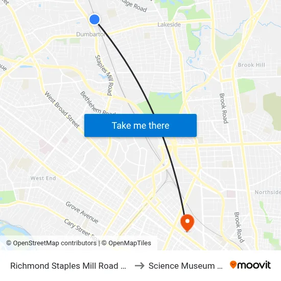 Richmond Staples Mill Road Amtrak Station to Science Museum of Virginia map
