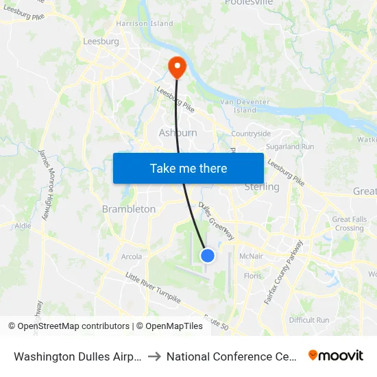 Washington Dulles Airport to National Conference Center map