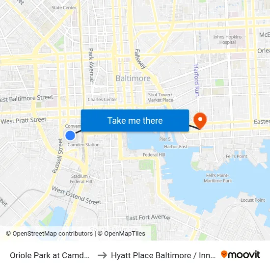 Oriole Park at Camden Yards to Hyatt Place Baltimore / Inner Harbor map