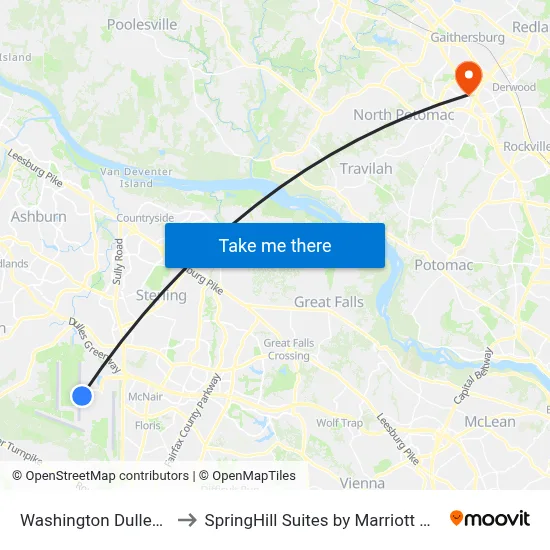 Washington Dulles Airport to SpringHill Suites by Marriott Gaithersburg map