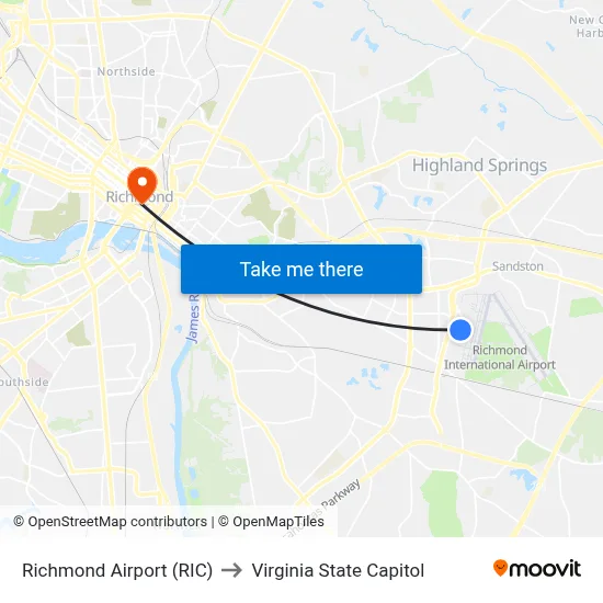 Richmond Airport (RIC) to Virginia State Capitol map
