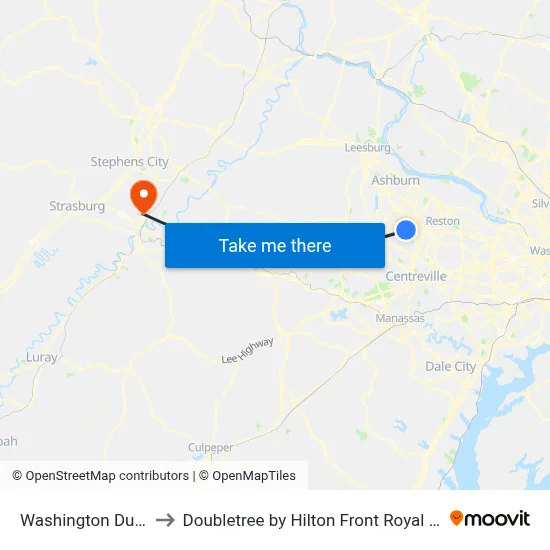 Washington Dulles Airport to Doubletree by Hilton Front Royal Blue Ridge Shadows map