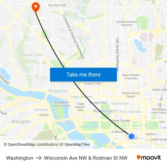 Washington to Wisconsin Ave NW & Rodman St NW map