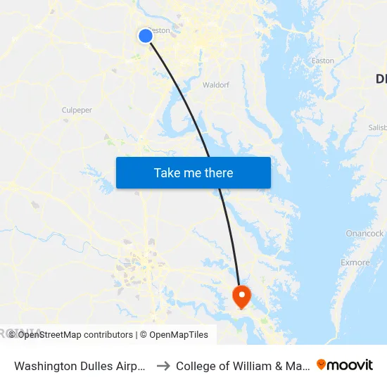 Washington Dulles Airport to College of William & Mary map