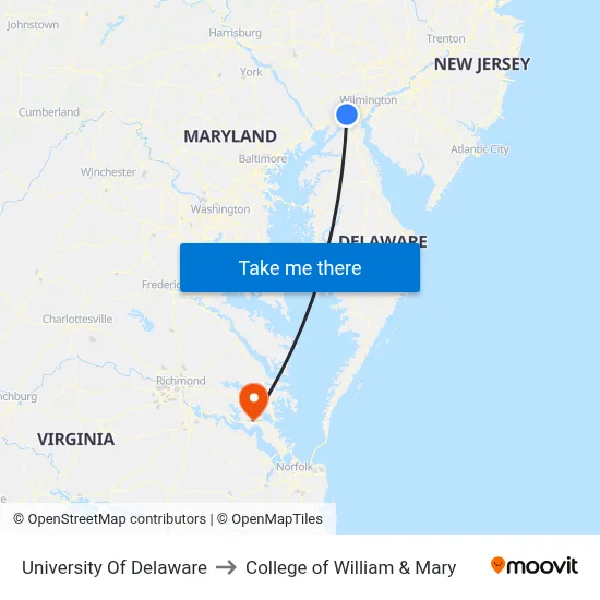 University Of Delaware to College of William & Mary map