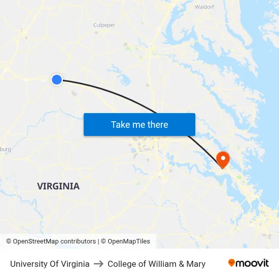 University Of Virginia to College of William & Mary map