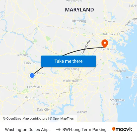 Washington Dulles Airport to BWI-Long Term Parking A map