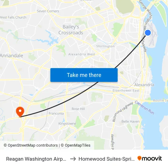 Reagan Washington Airport DCA to Homewood Suites-Springfield map