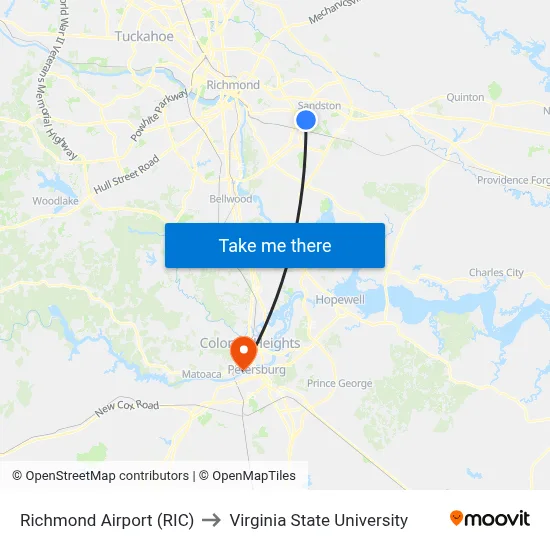 Richmond Airport (RIC) to Virginia State University map