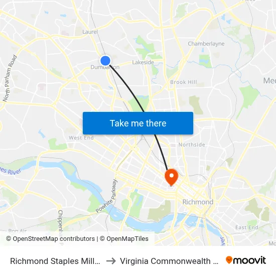 Richmond Staples Mills Station to Virginia Commonwealth University map