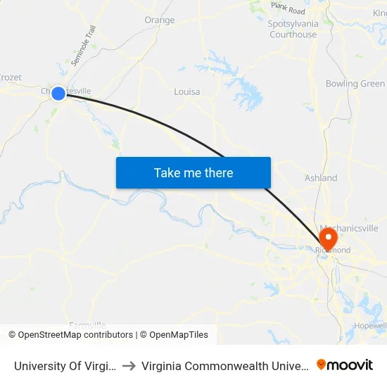 University Of Virginia to Virginia Commonwealth University map