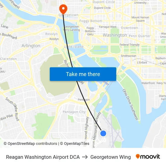 Reagan Washington Airport DCA to Georgetown Wing map