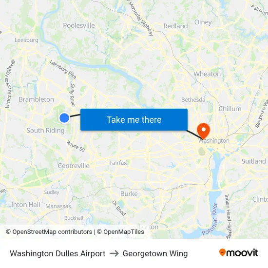 Washington Dulles Airport to Georgetown Wing map