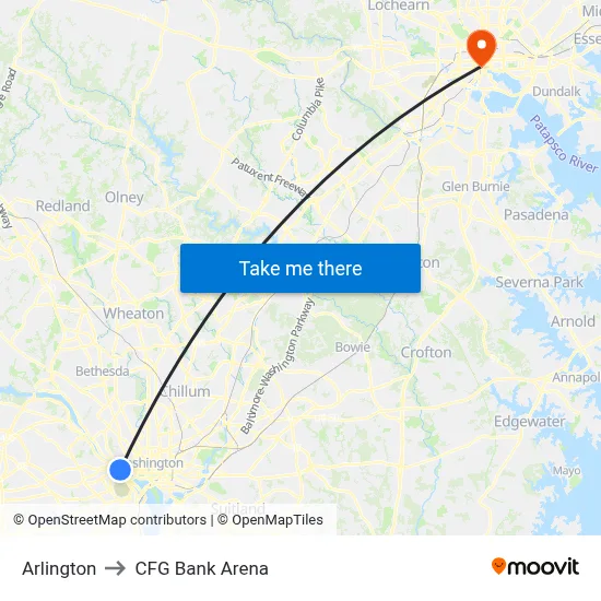Arlington to CFG Bank Arena map