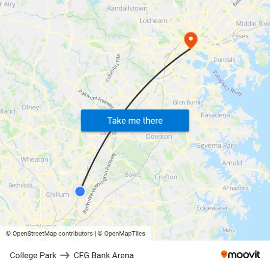 College Park to CFG Bank Arena map