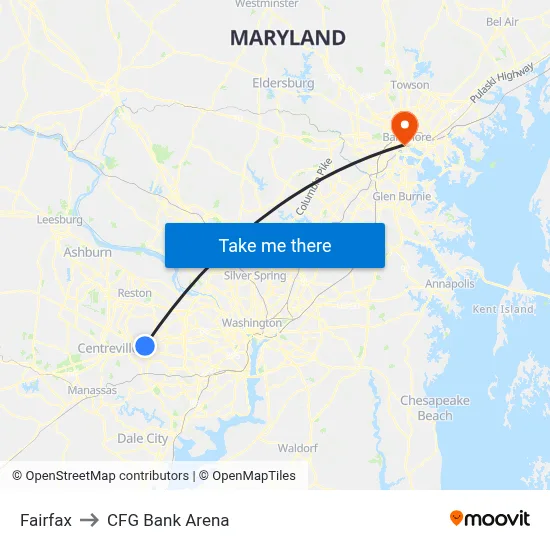 Fairfax to CFG Bank Arena map