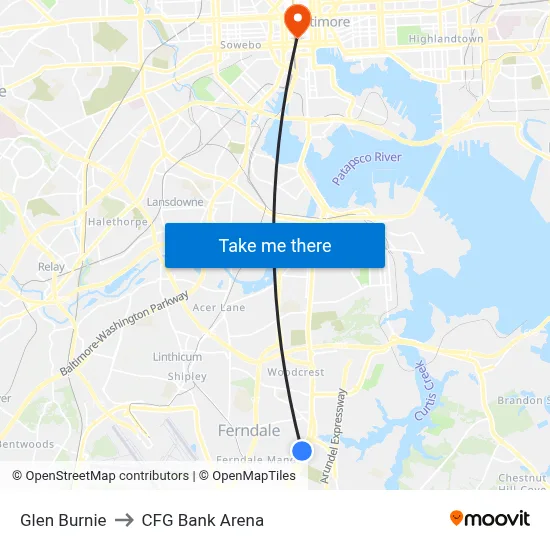 Glen Burnie to CFG Bank Arena map