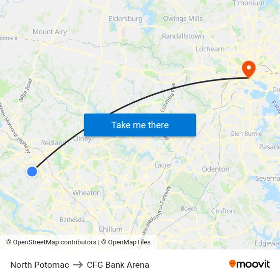 North Potomac to CFG Bank Arena map
