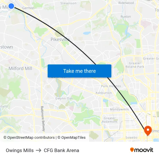Owings Mills to CFG Bank Arena map