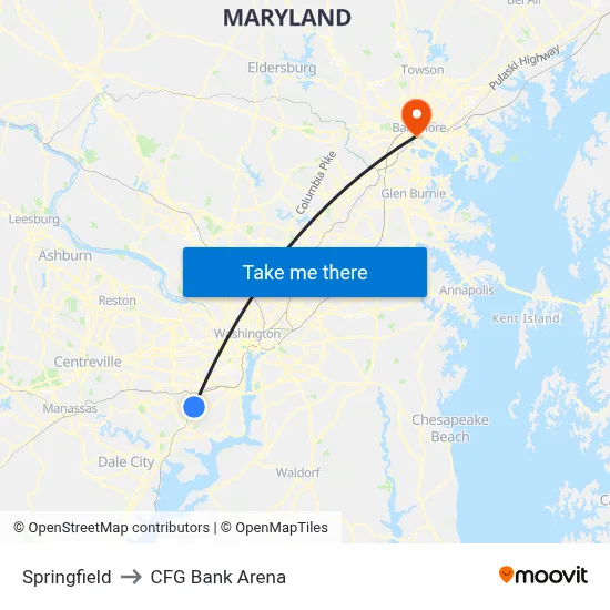 Springfield to CFG Bank Arena map