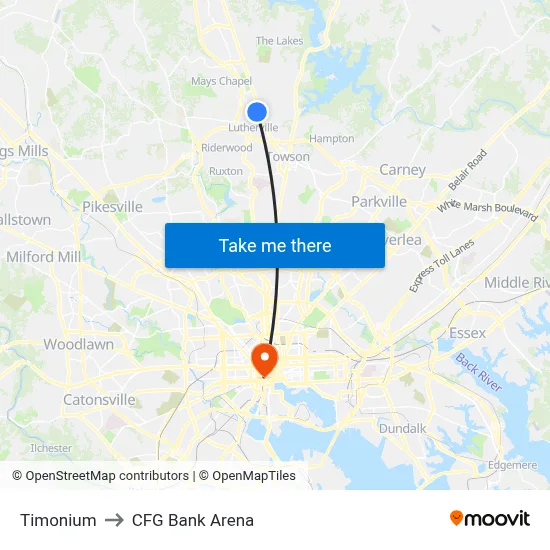 Timonium to CFG Bank Arena map