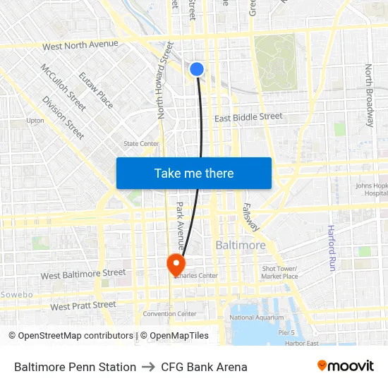 Baltimore Penn Station to CFG Bank Arena map