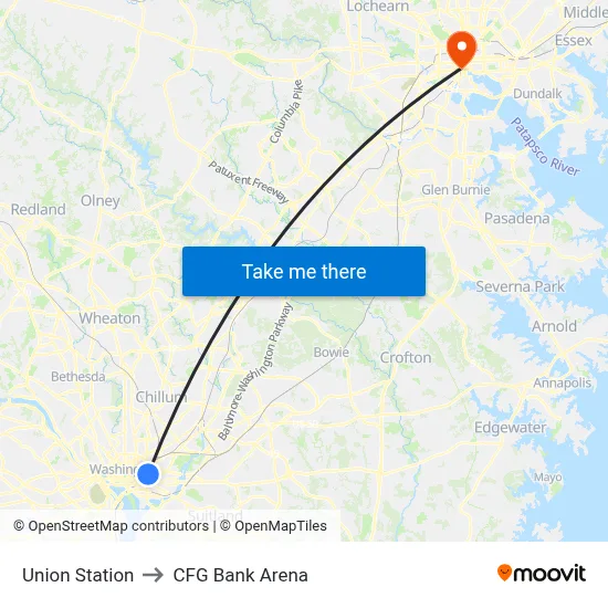 Union Station to CFG Bank Arena map