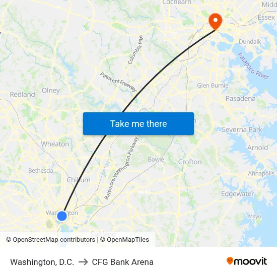 Washington, D.C. to CFG Bank Arena map
