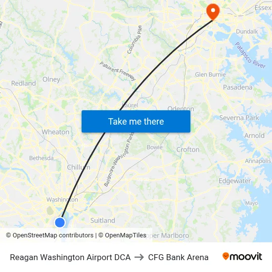 Reagan Washington Airport DCA to CFG Bank Arena map