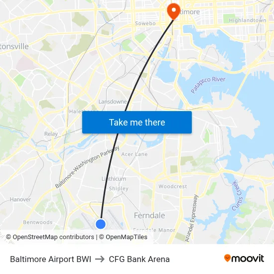 Baltimore Airport BWI to CFG Bank Arena map