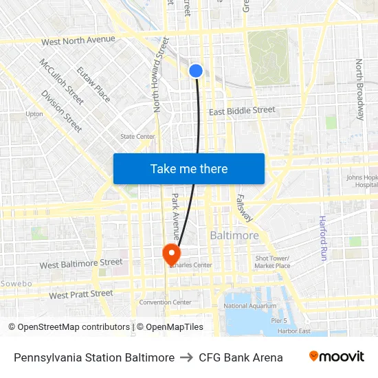 Pennsylvania Station Baltimore to CFG Bank Arena map
