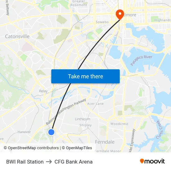 BWI Rail Station to CFG Bank Arena map