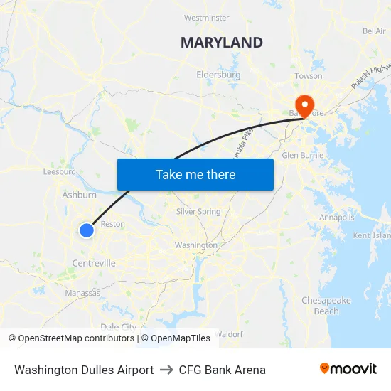 Washington Dulles Airport to CFG Bank Arena map