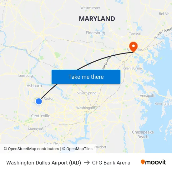Washington Dulles Airport (IAD) to CFG Bank Arena map