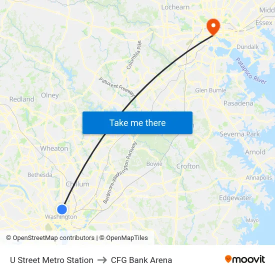 U Street Metro Station to CFG Bank Arena map