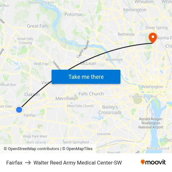 Fairfax to Walter Reed Army Medical Center-SW map