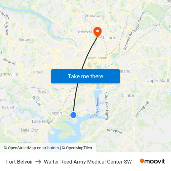 Fort Belvoir to Walter Reed Army Medical Center-SW map
