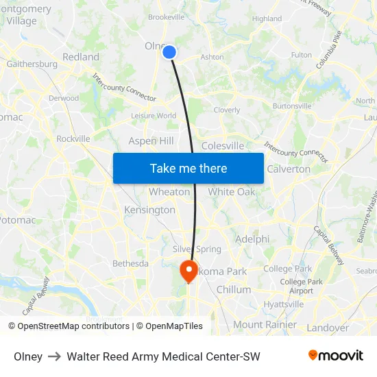 Olney to Walter Reed Army Medical Center-SW map