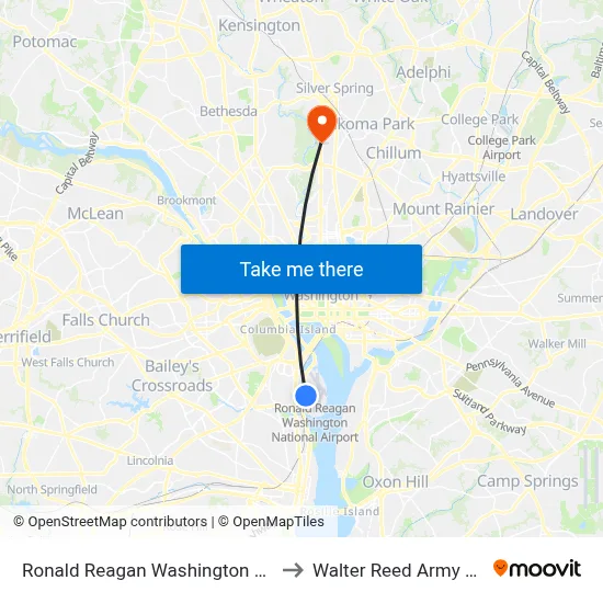 Ronald Reagan Washington National Airport - Garage A to Walter Reed Army Medical Center-SW map
