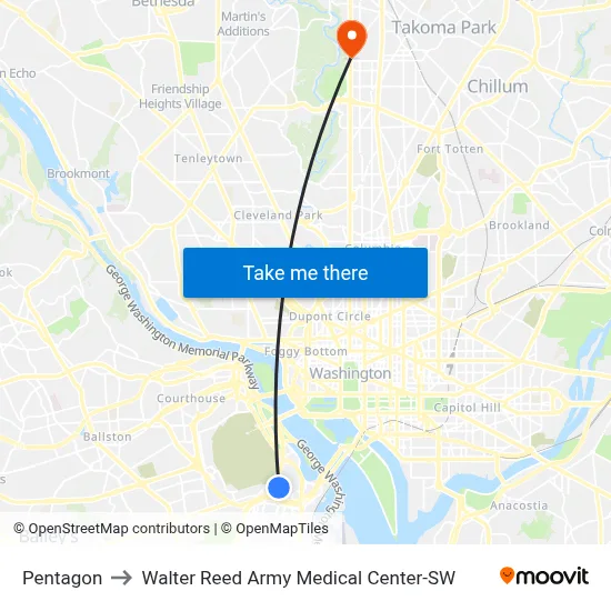 Pentagon to Walter Reed Army Medical Center-SW map