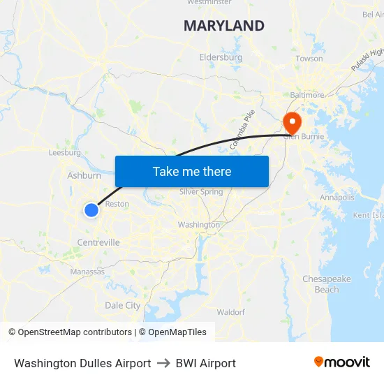 Washington Dulles Airport to BWI Airport map